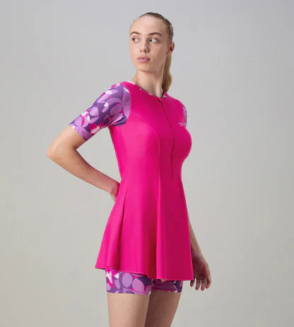 Speedo Closedback Short Sleeve Swimdress With Boyleg Female Swimming Costume
